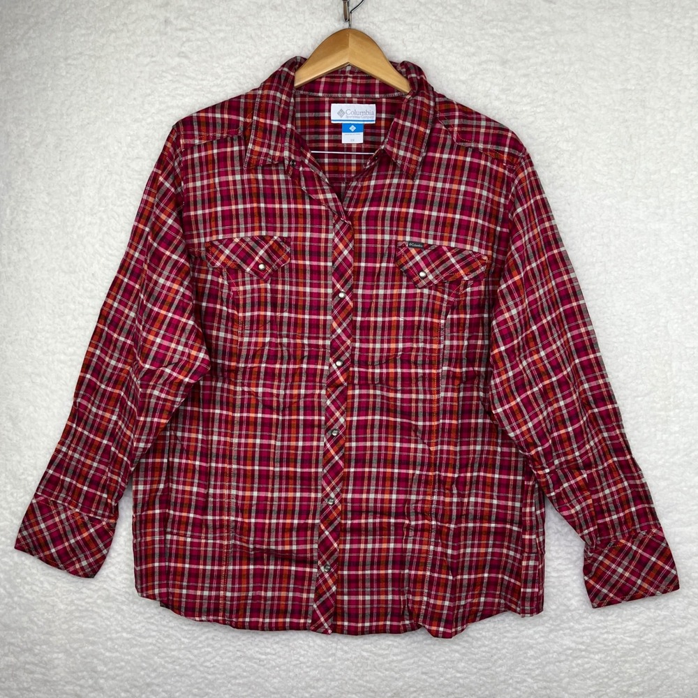 Columbia Button Down Shirt Womens 2X Red Plaid Excellent Pearl Snap AW7072